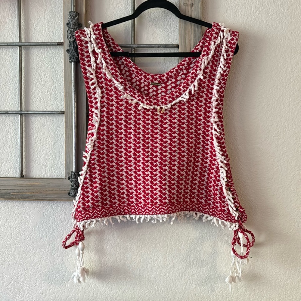 Dodo Bar Ro Red and White Tasseled Cotton Tank